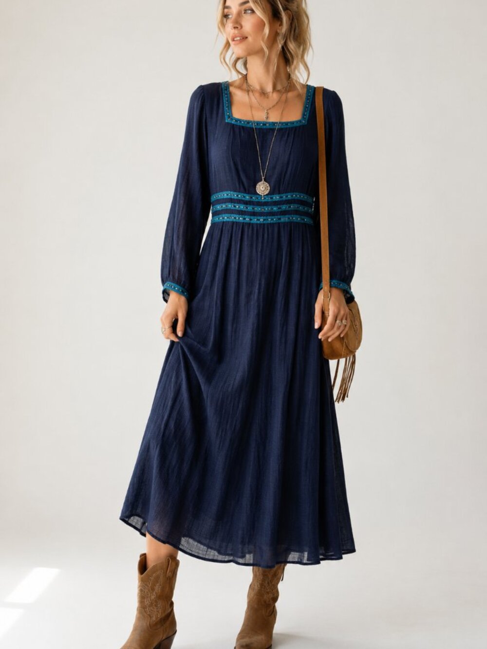 Vintage Sarah Elizabeth Blue 1990s Prairie Maci Dress Womens 6P Boho Beaded